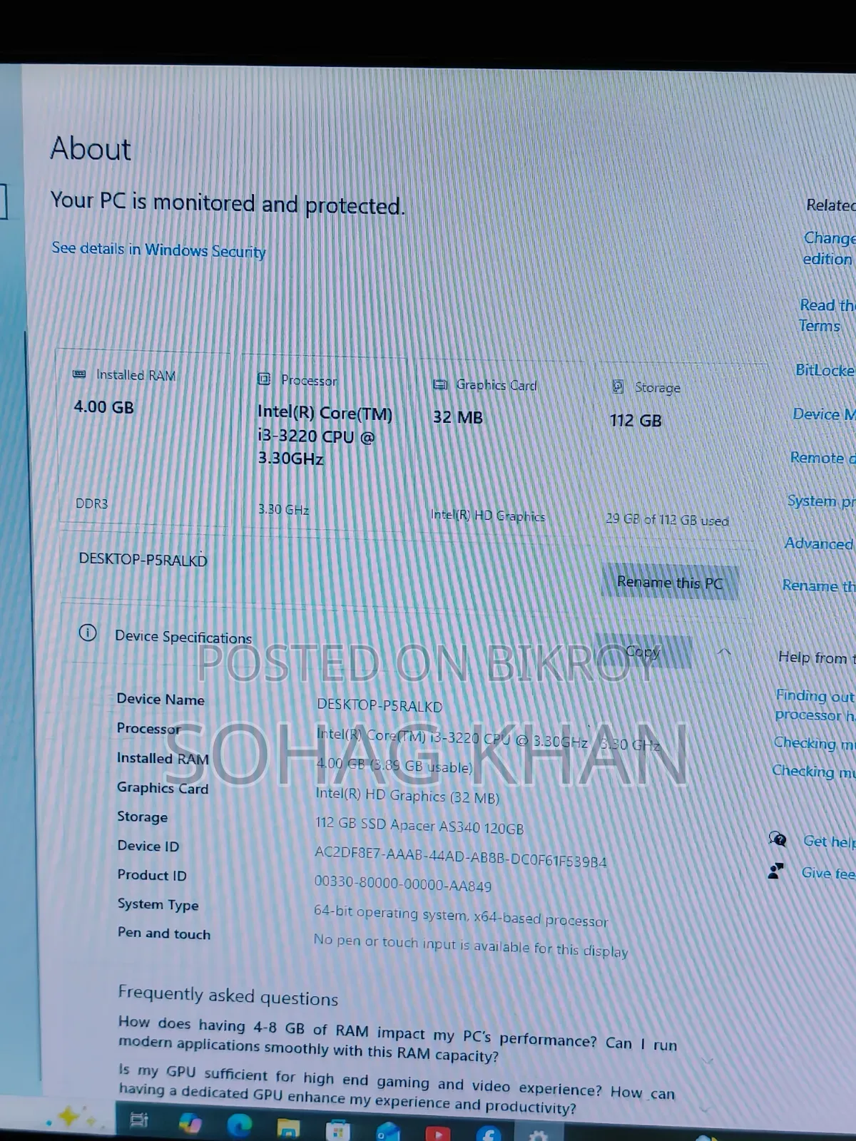Desktop Computer 4GB Intel Core I3 SSD 128GB