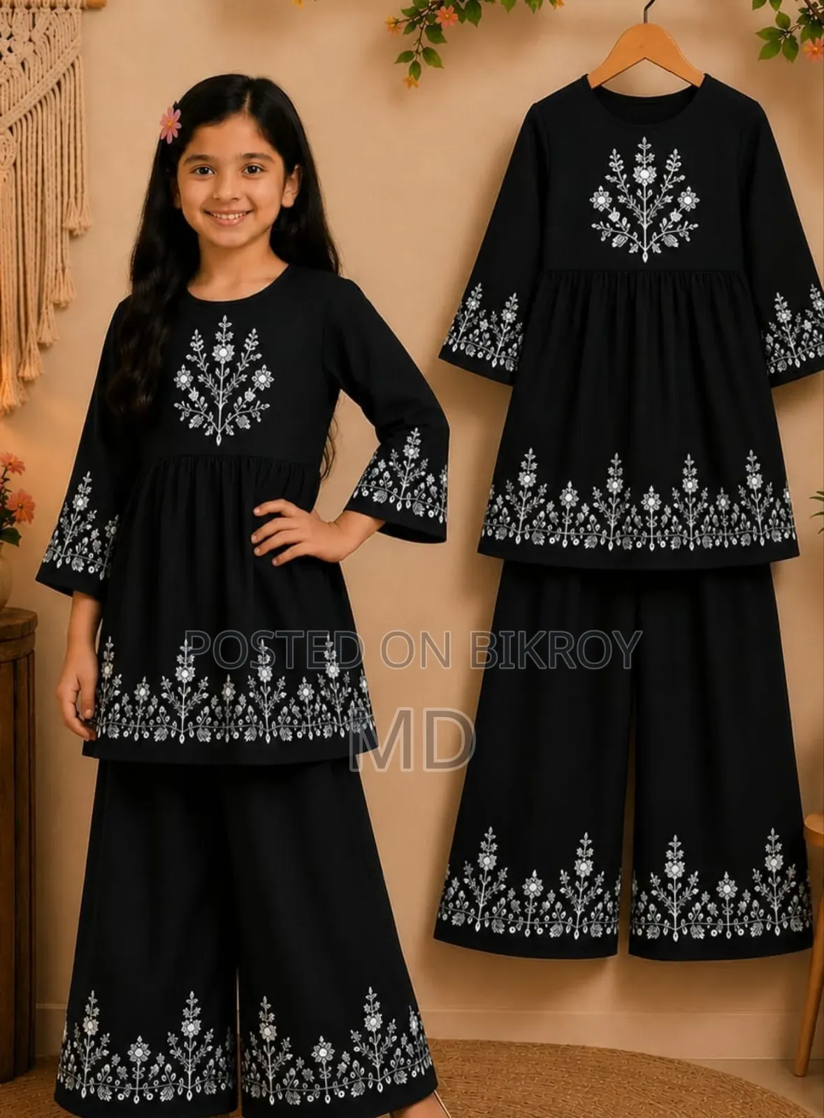 Girls Single Large Floral Printed Black Kurti With Wide-Leg Palazzo