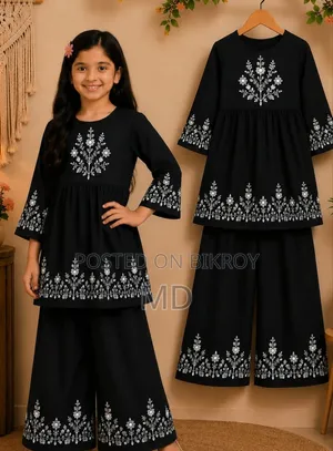 Girls Single Large Floral Printed Black Kurti With Wide-Leg Palazzo
