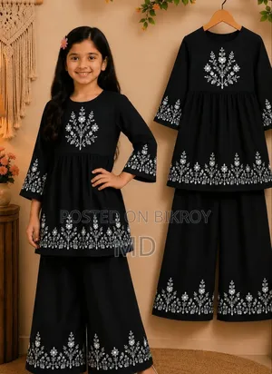Girls Single Large Floral Printed Black Kurti With Wide-Leg Palazzo