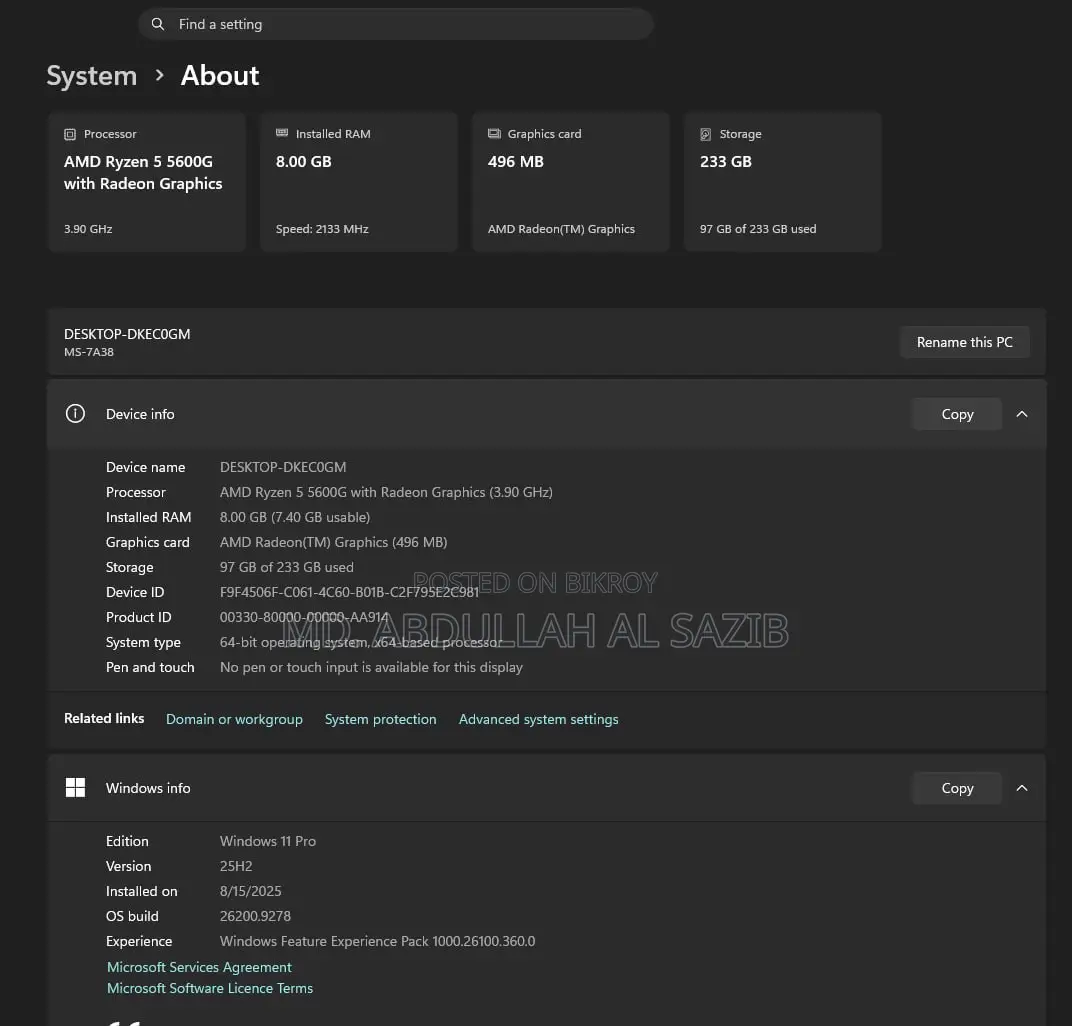 Desktop Computer Msi 8gb Amd Ryzen 5 SSD 256gb