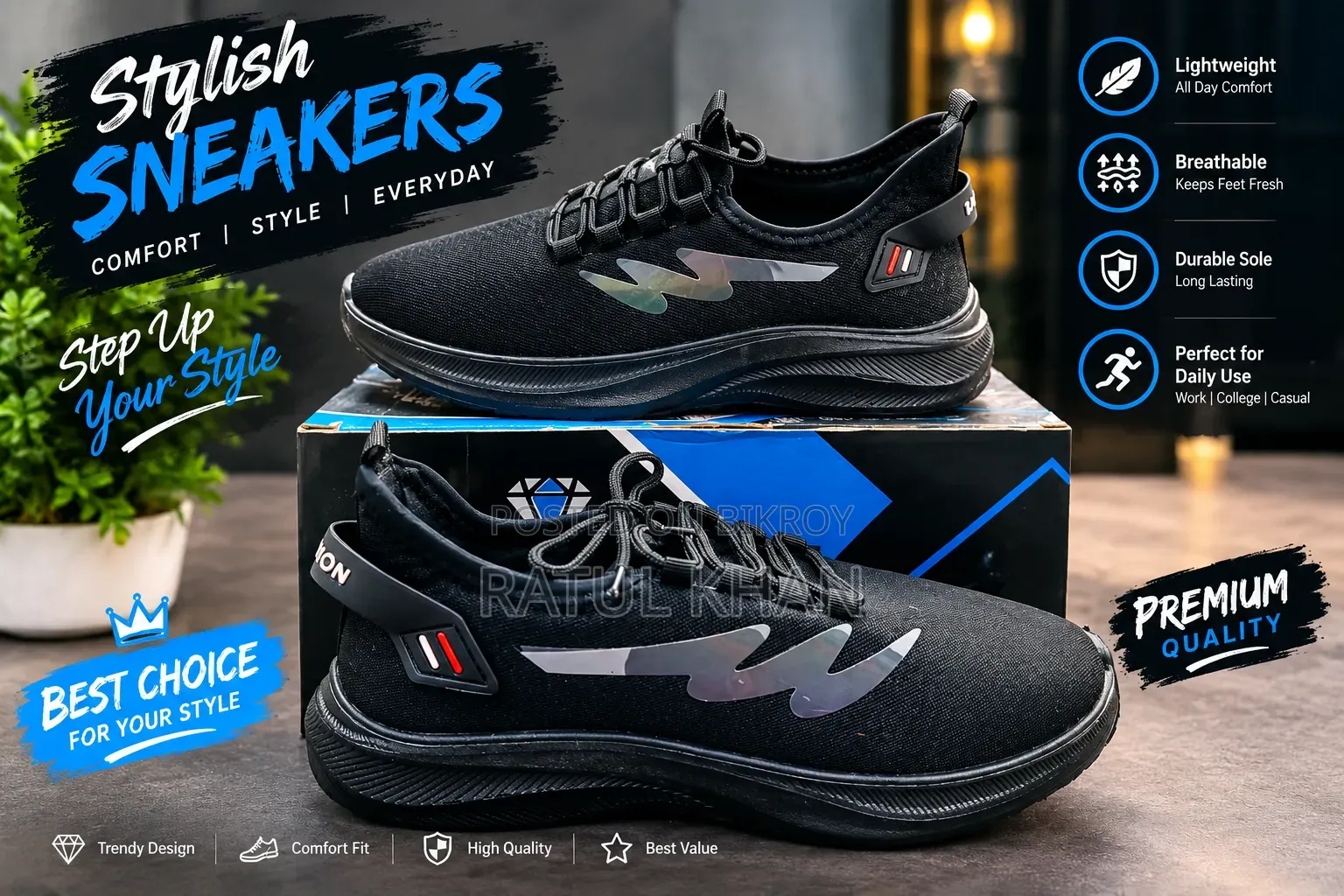 Men’s Premium Black Sneakers – Stylish Comfortable