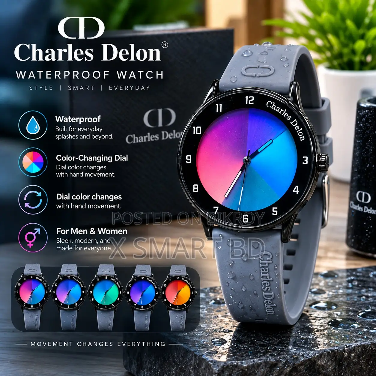 Charles Delon Waterproof Dial Colour Changing Watch for Him Her
