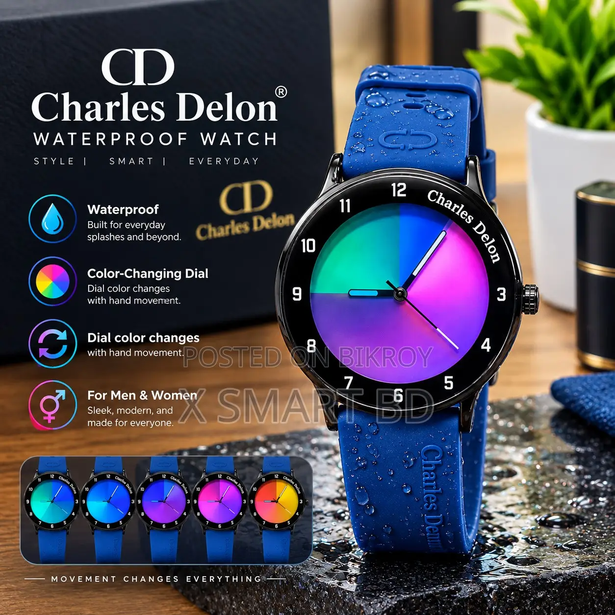 Charles Delon Waterproof Dial Colour Changing Watch for Him Her