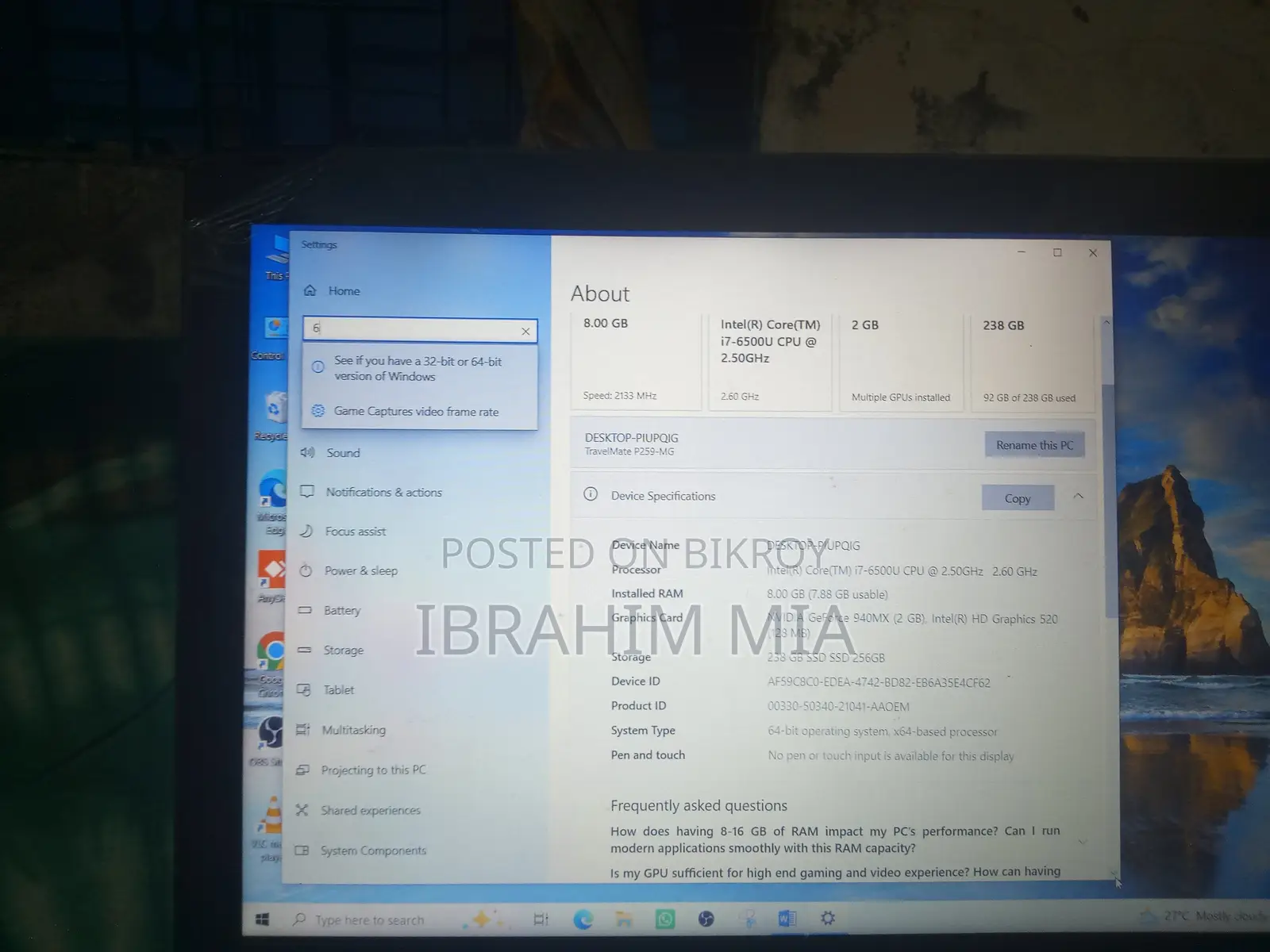 Laptop Acer TravelMate P2 8GB Intel Core I7 SSD 256GB
