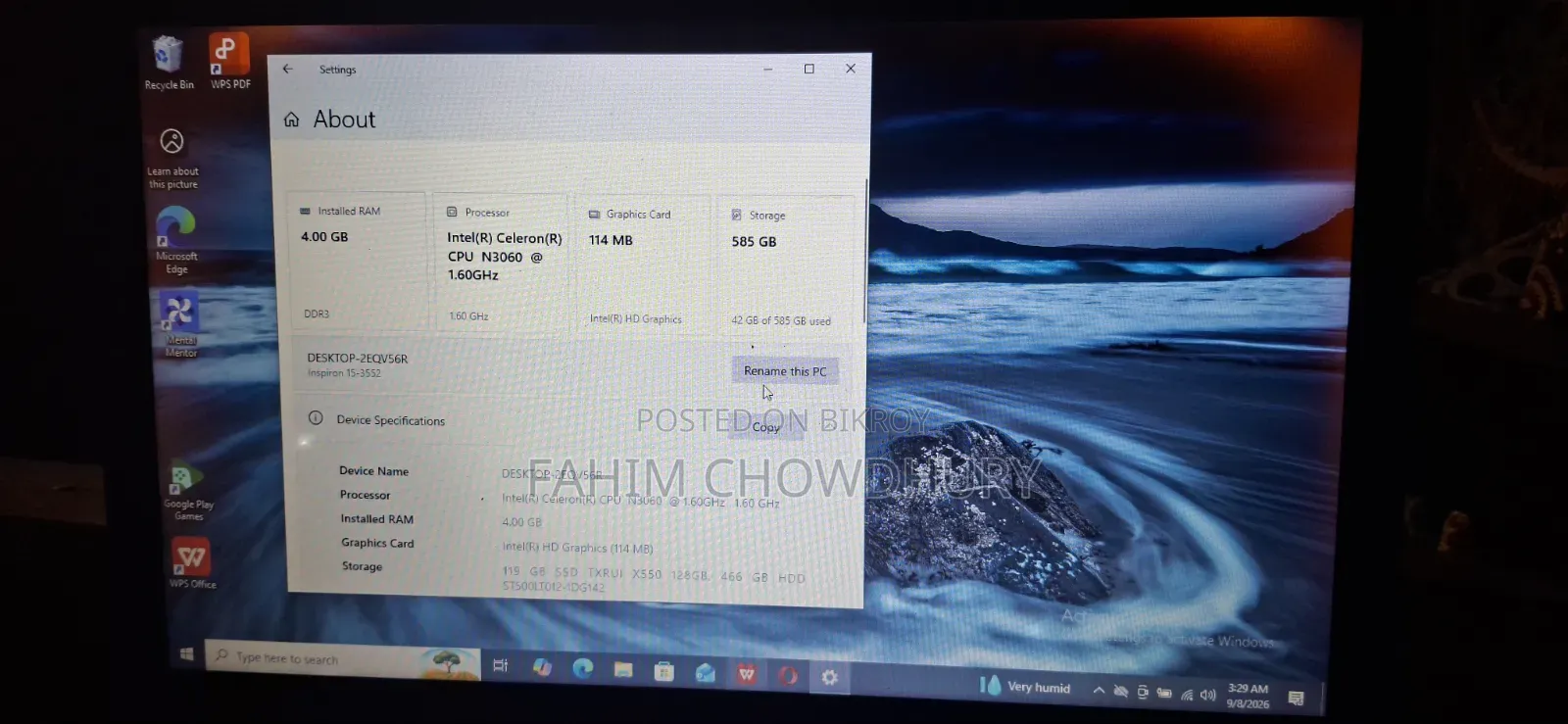 Laptop Dell Inspiron 15 3552 4GB Intel Celeron HDD+SSD 512GB
