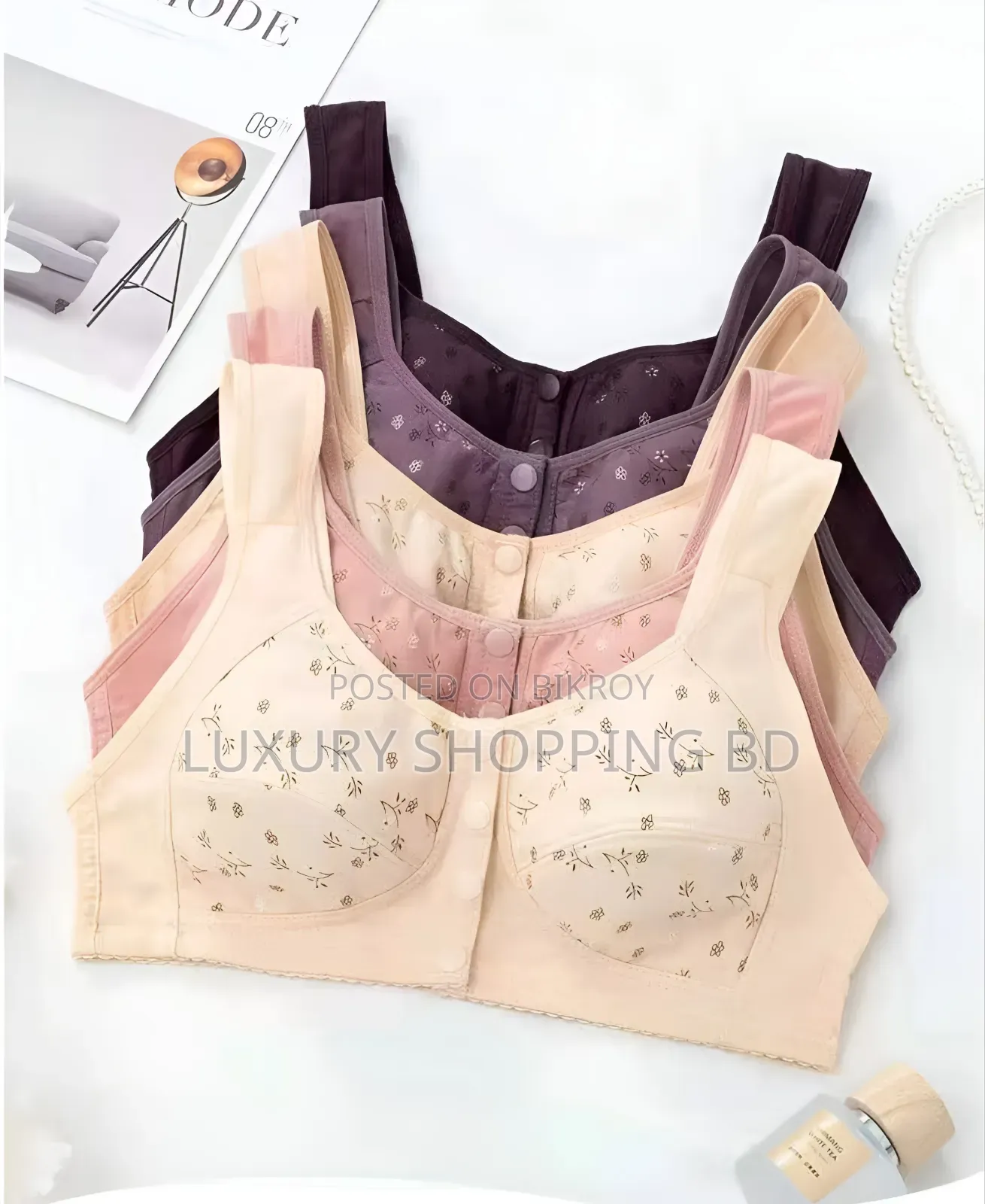 Women’s Floral Print Front Button Bra – Wireless Full Coverage Bra