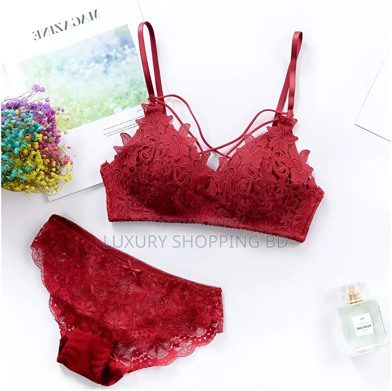 Women's Red Floral Lace Bra Panty Set - Elegant Lingerie Set