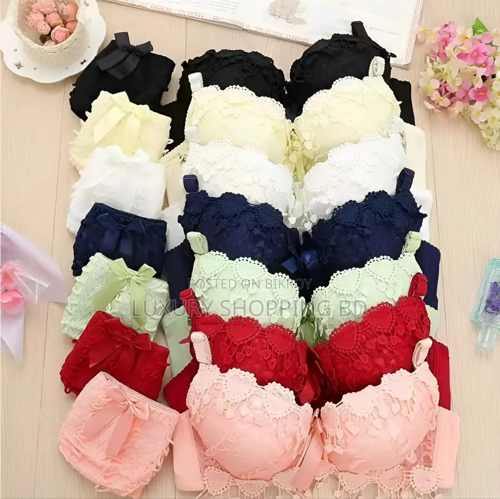 Floral Lace Push-Up Bra Panty Set – Padded Matching Lingerie