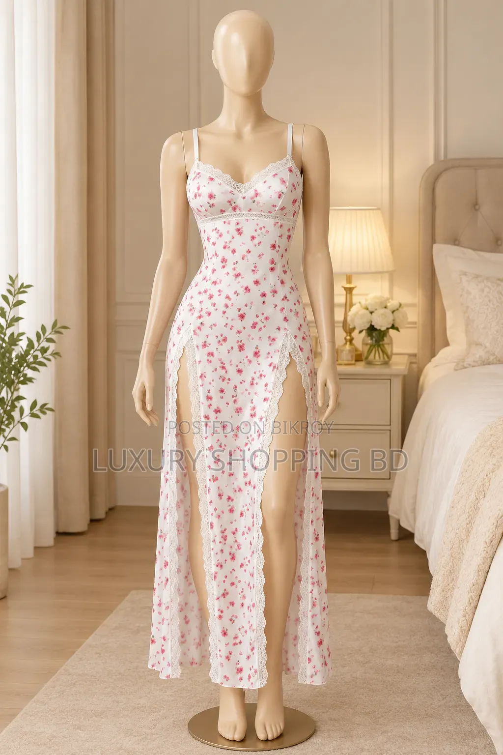 Women’s Lace Trim Long Night Dress – Floral & Leopard Print Slit