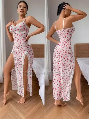 Women’s Lace Trim Long Night Dress – Floral & Leopard Print Slit