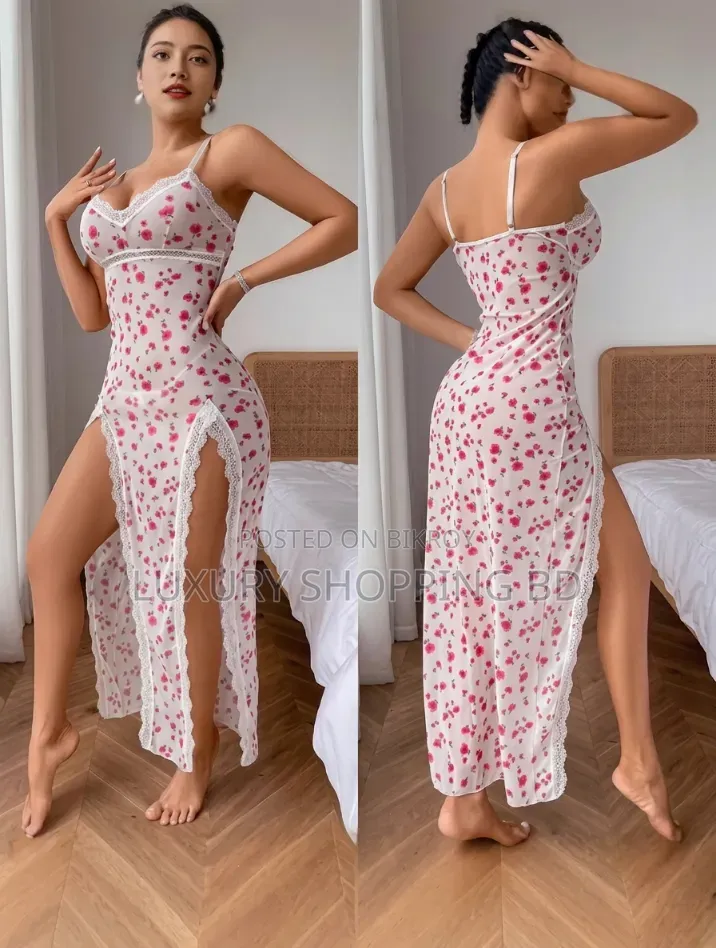 Women’s Lace Trim Long Night Dress – Floral & Leopard Print Slit