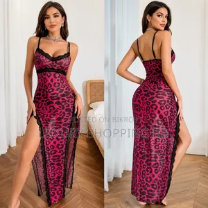 Women’s Lace Trim Long Night Dress – Floral & Leopard Print Slit