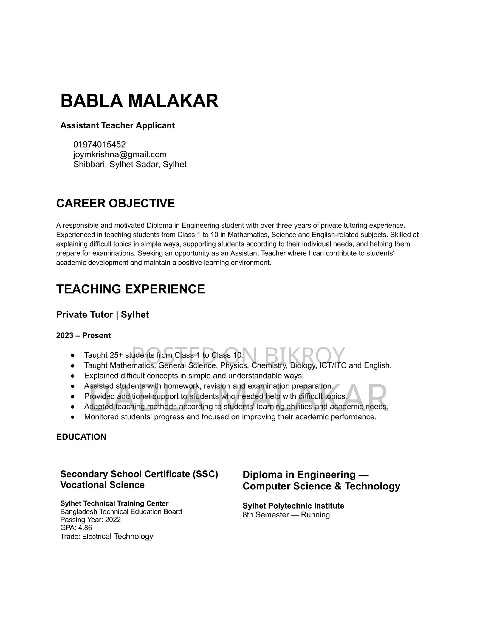 Assistant Teacher