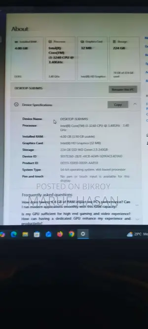 ডেস্কটপ কম্পিউটার 4GB ইন্টেল কোর i3 SSD 256GB