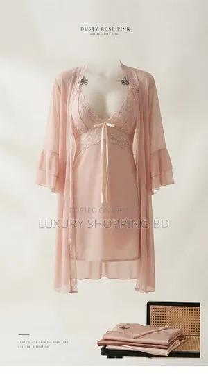 Women’s Lace Nightdress With Robe – Soft Satin Style 2 Piece Sleepwear