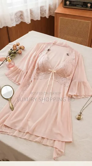 Women’s Lace Nightdress With Robe – Soft Satin Style 2 Piece Sleepwear