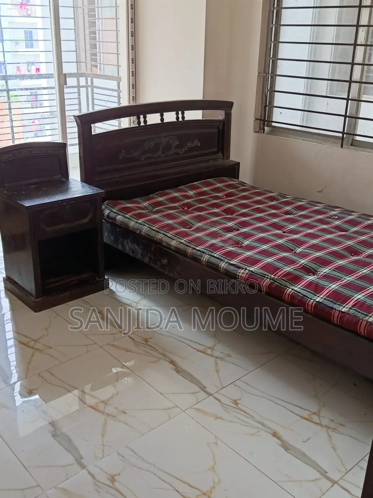 Wooden Bed With Side Table