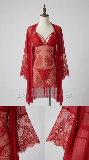 Women’s Lace Babydoll Nightdress With Robe – Sheer Lingerie Sleepwear