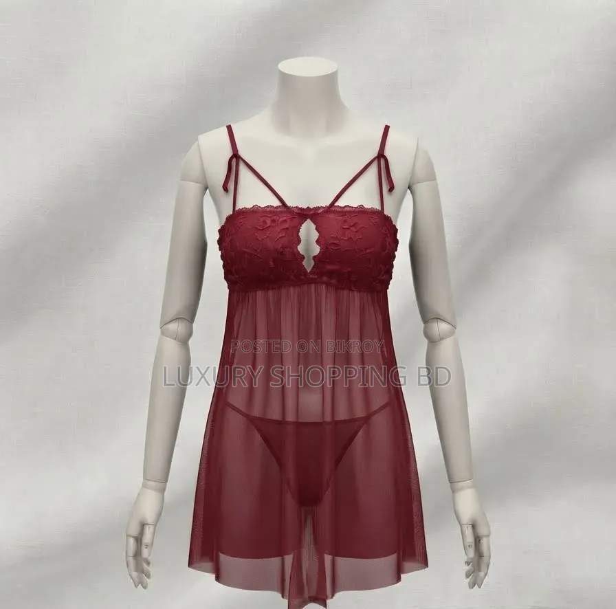 Women’s Sheer Lace Babydoll Nightdress–Black Mesh Lingerie Sleepwear