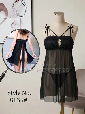 Women’s Sheer Lace Babydoll Nightdress–Black Mesh Lingerie Sleepwear