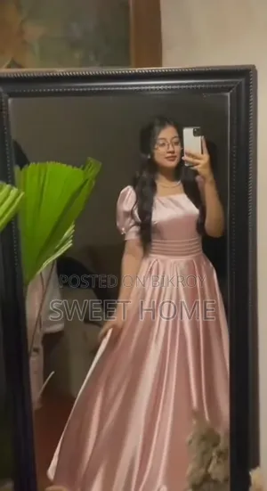 Pink Satin Princess Dress With Puff Sleeves