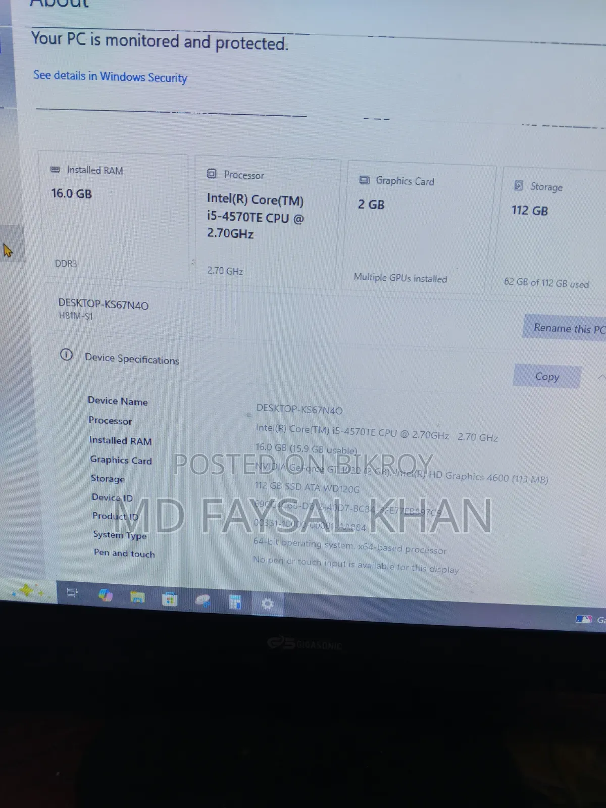 Desktop Computer Gigabyte 16GB Intel Core i5 SSD 128GB