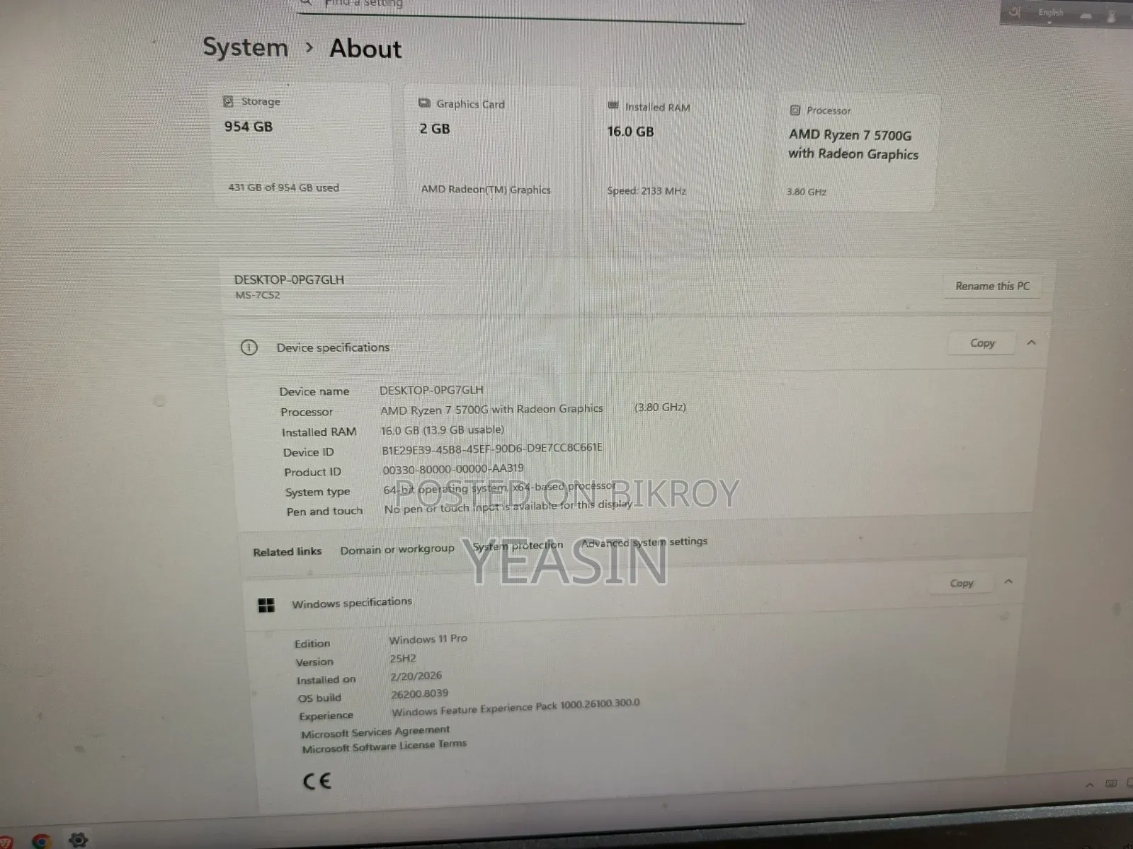 Desktop Computer MSI model 16GB AMD Ryzen 7 SSD 512GB