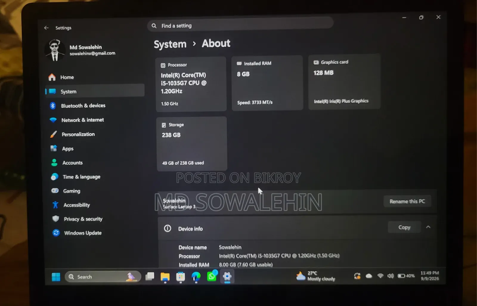Laptop Microsoft Surface Laptop 3 8GB Intel Core I5 SSD 256GB