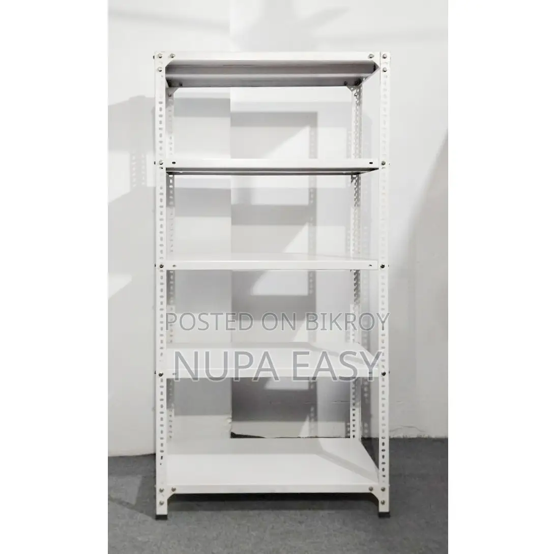 A White 5-Tier Metal Slotted Angle Storage Rack