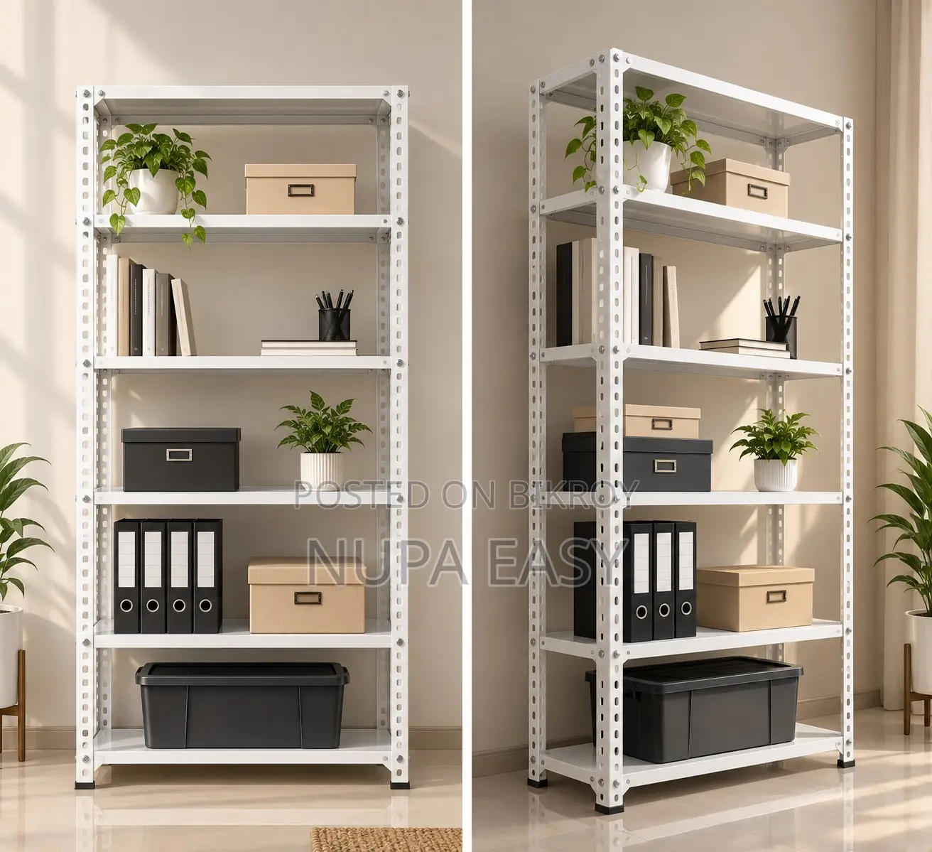 A White 5-Tier Metal Slotted Angle Storage Rack
