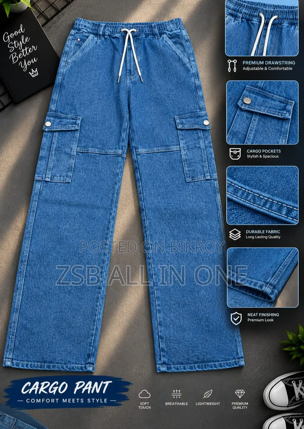 6 Pocket Cargo Denim Baggy Pant