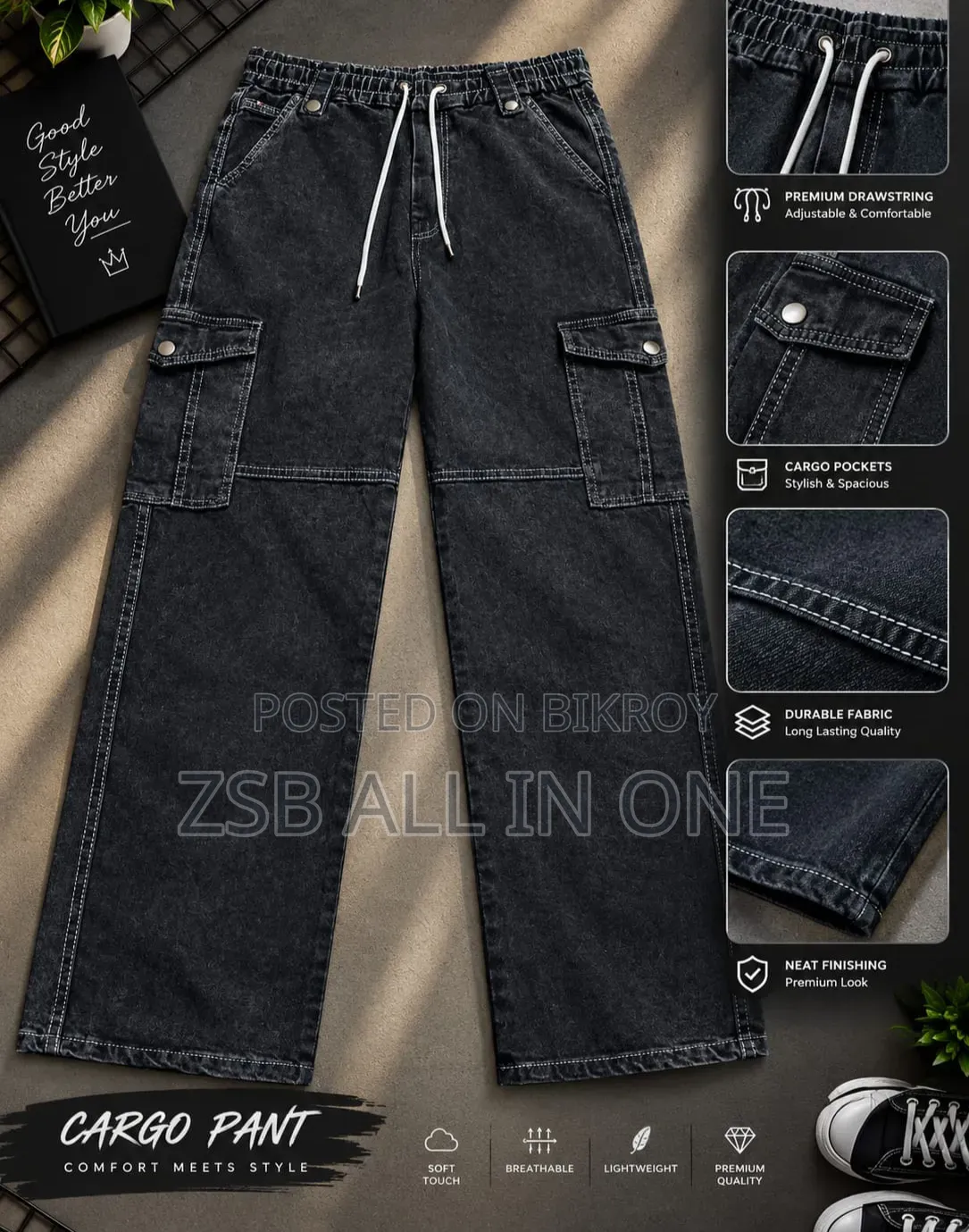 6 Pocket Cargo Denim Baggy Pant