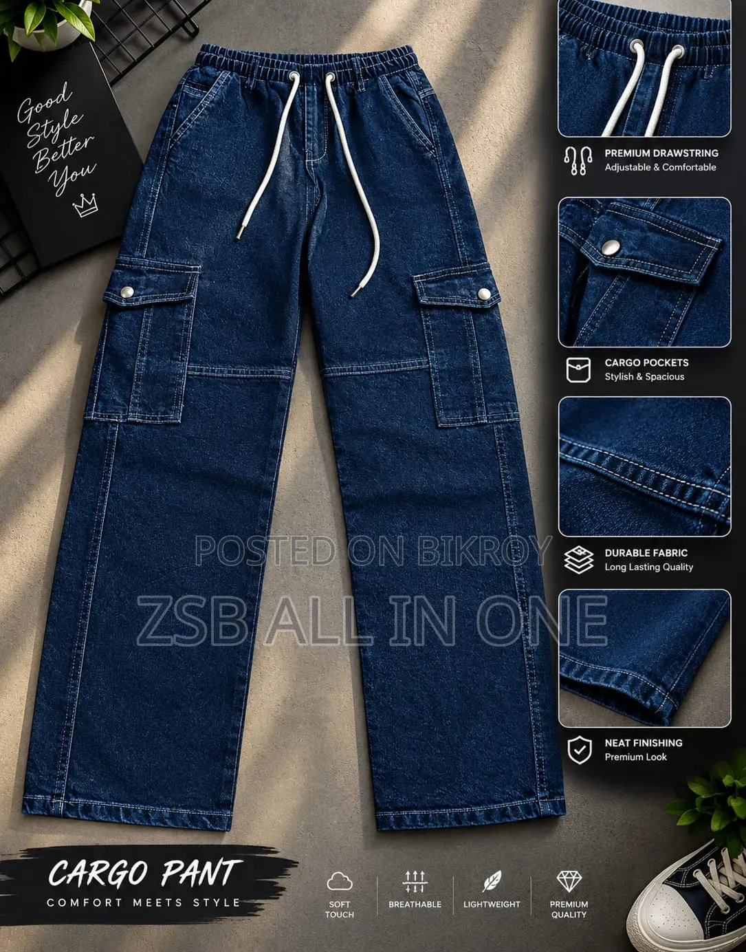 6 Pocket Cargo Denim Baggy Pant