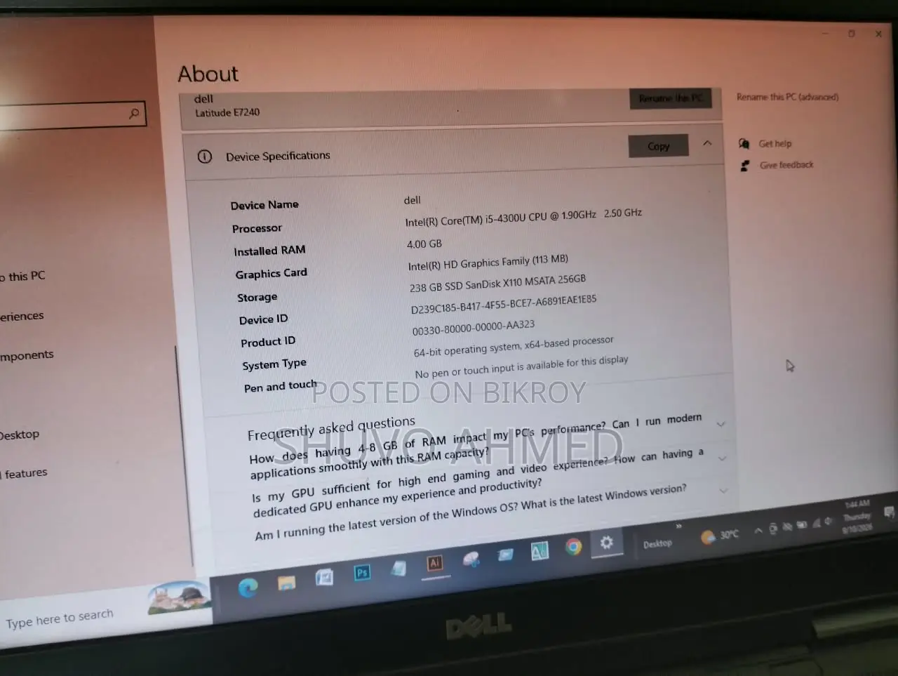 Laptop Dell Latitude E7240 4GB Intel Core I5 SSD 256GB