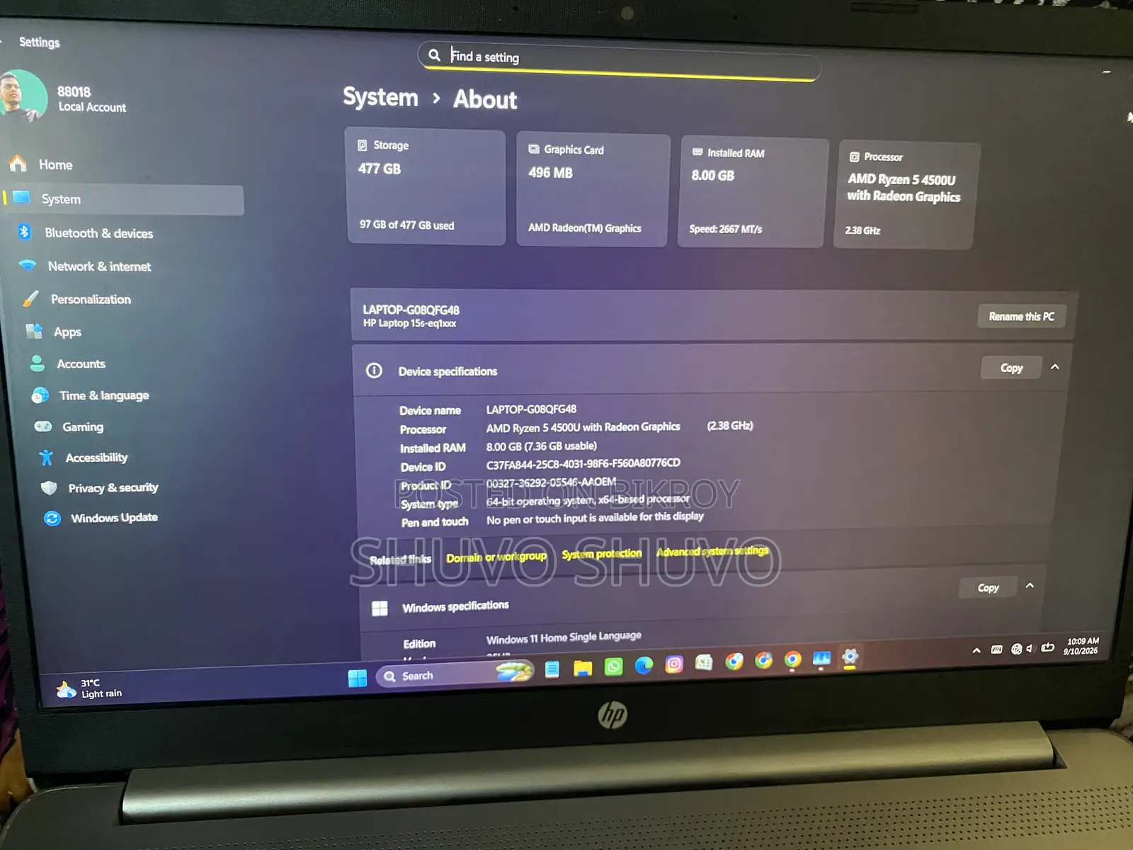 Laptop HP 15s 8GB AMD Ryzen 5 SSD 512GB