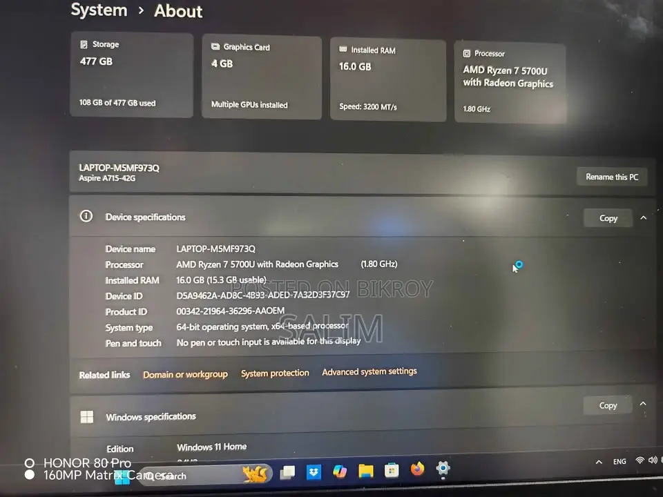 ল্যাপটপ Acer Aspire 5 16GB AMD Ryzen 7 SSD 500GB