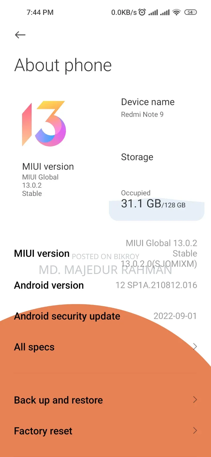 Xiaomi Redmi Note 9 128 GB Blue