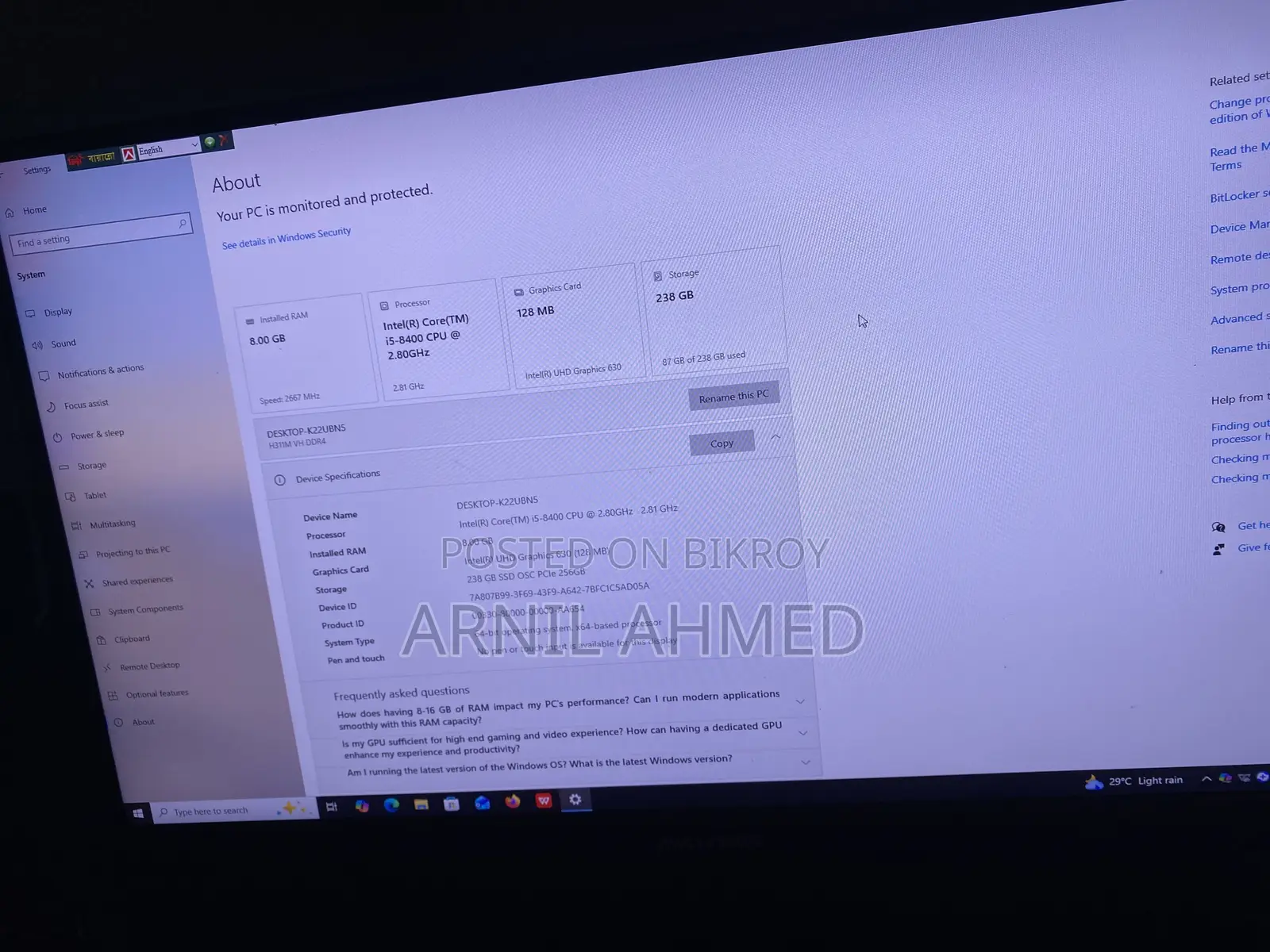 Desktop Computer 8GB Intel Core I5 SSD 256GB