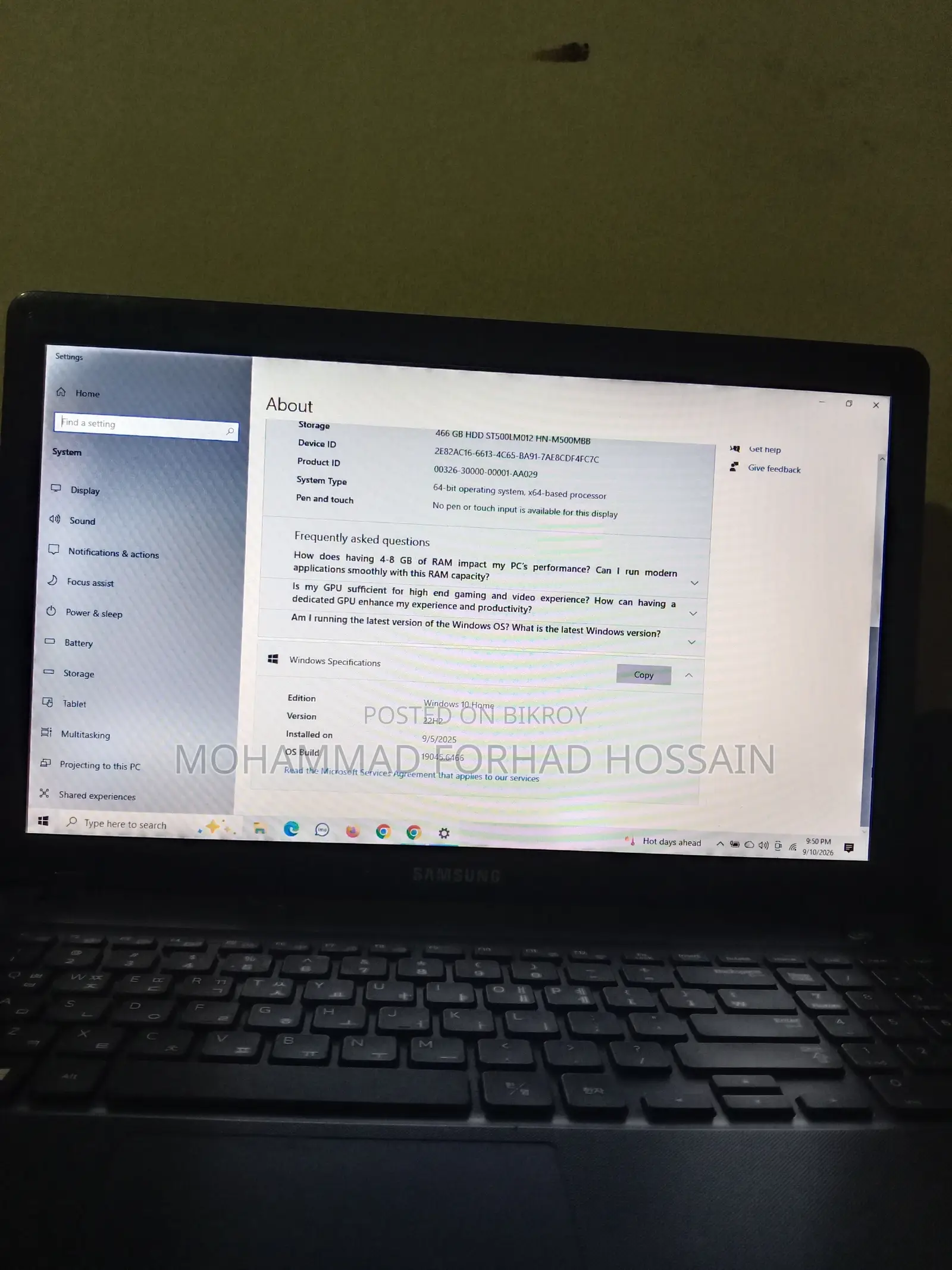 Laptop Samsung 4GB Intel Pentium SSD 500GB