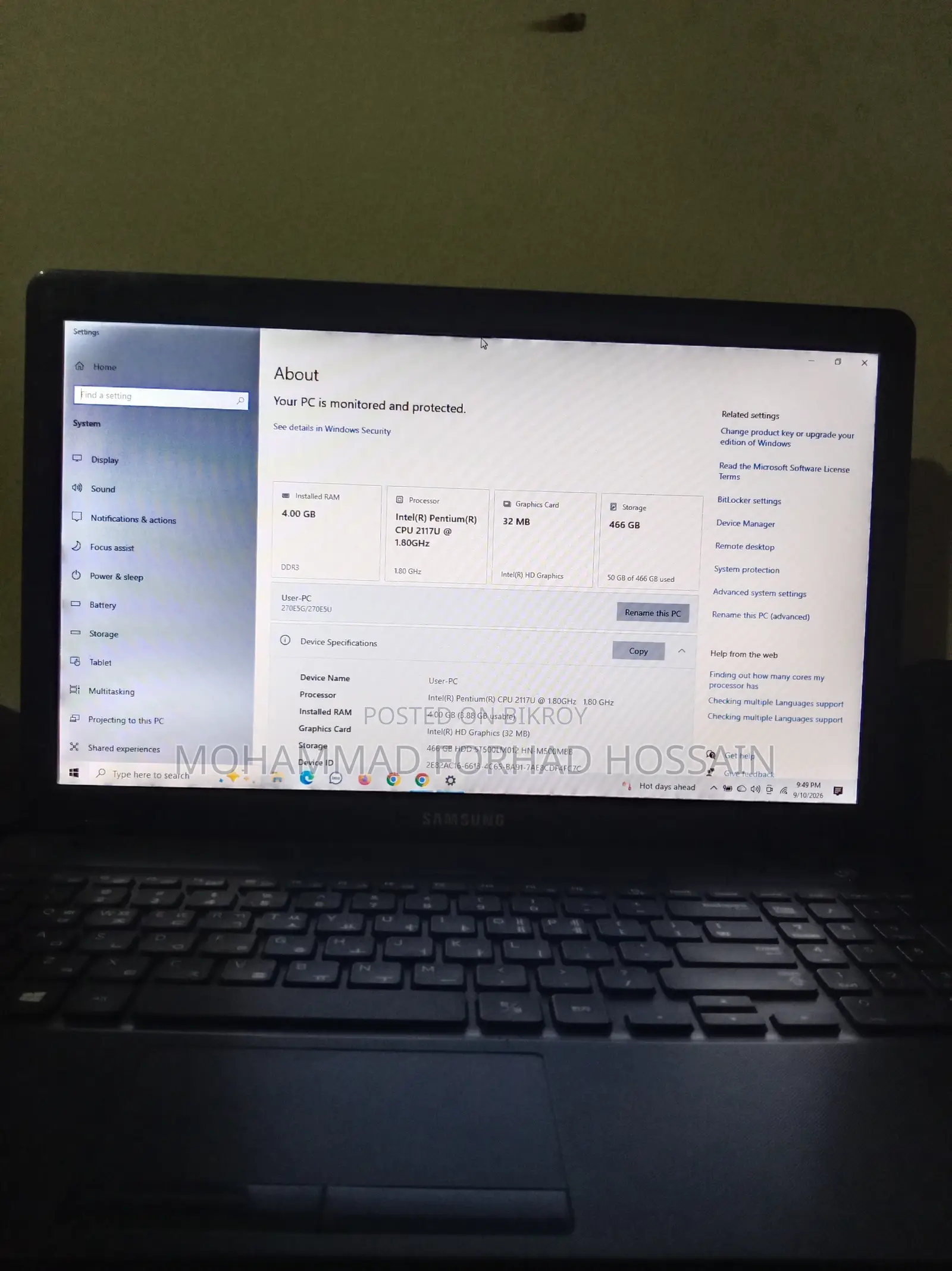 Laptop Samsung 4GB Intel Pentium SSD 500GB