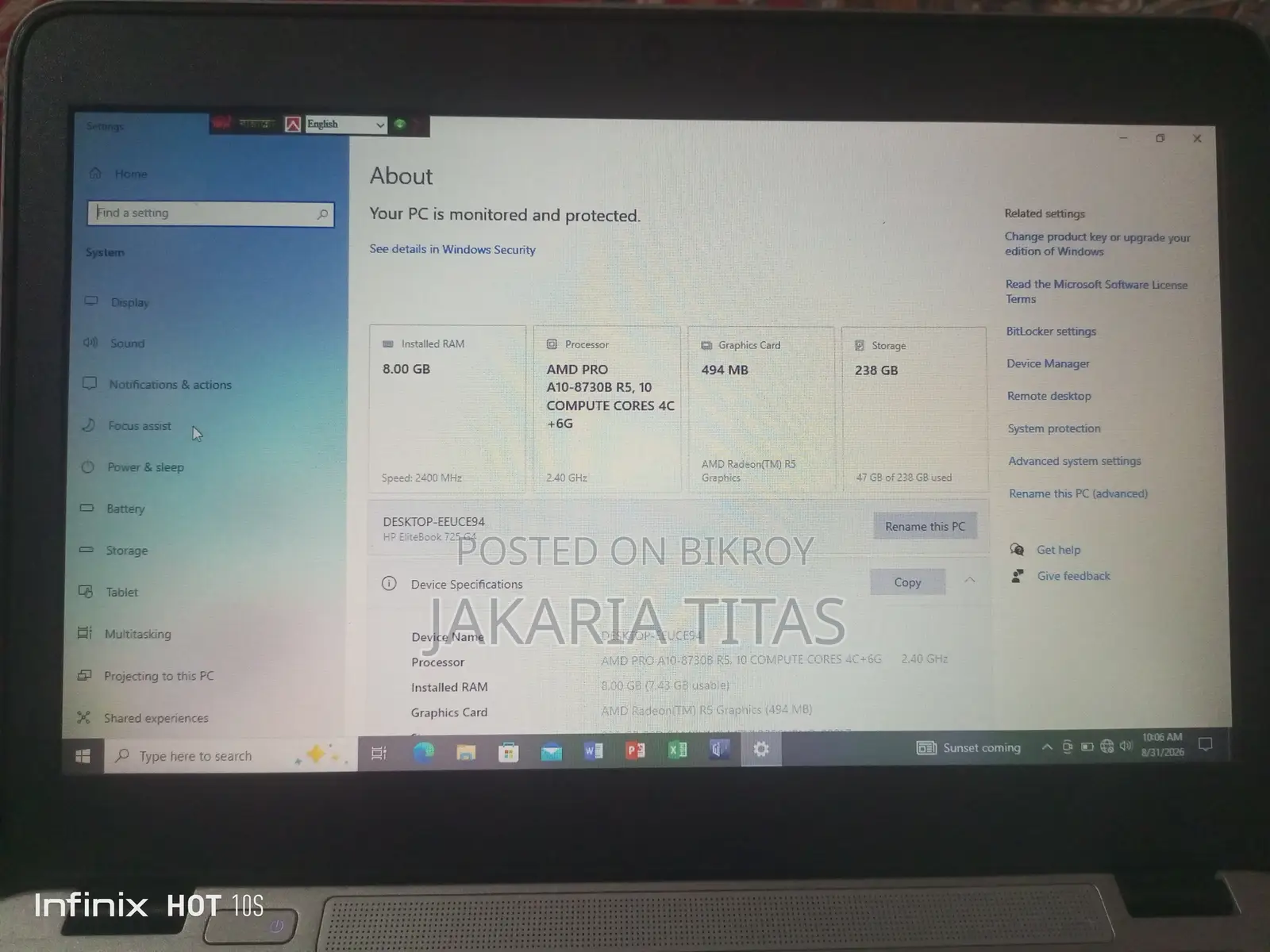 Laptop HP Elitebook 725 G4 8gb Amd A10 SSD 256gb