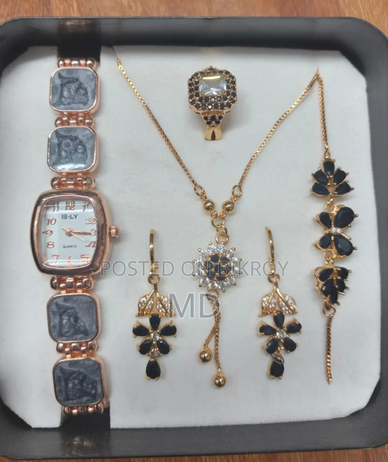 Premium Black Gold Jewelry with Watch Gift Set