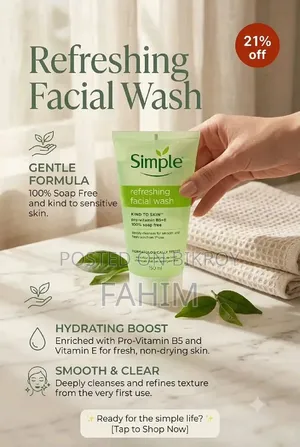Simple Refreshing Facial Wash 150ml – Soap Free, Pro-Vitamin B5 + E