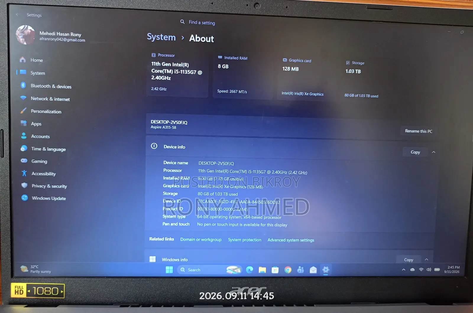 ল্যাপটপ Acer Aspire 3 8GB ইন্টেল কোর আই৫ এসএসডি ১টি