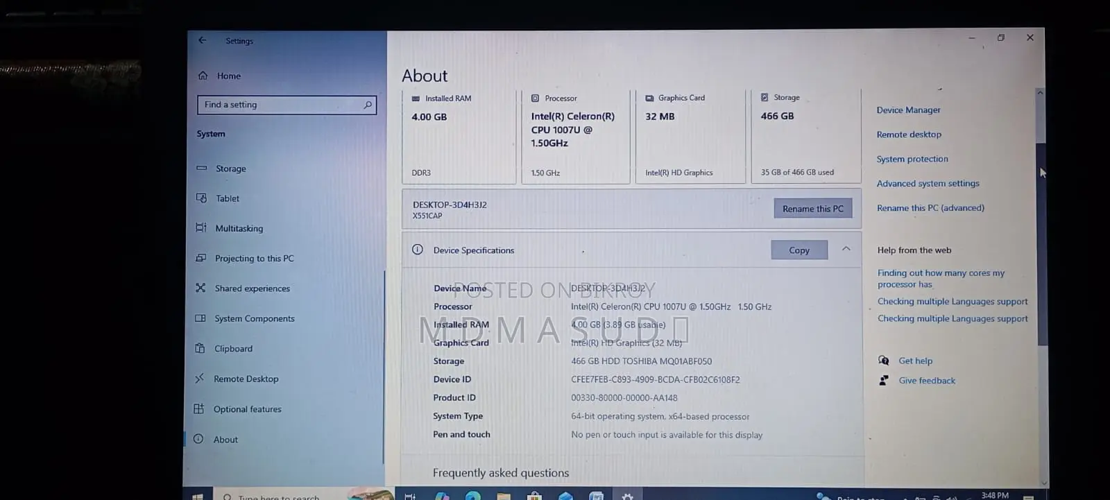 Laptop ASUS X551CA 4GB Intel Celeron HDD 500GB
