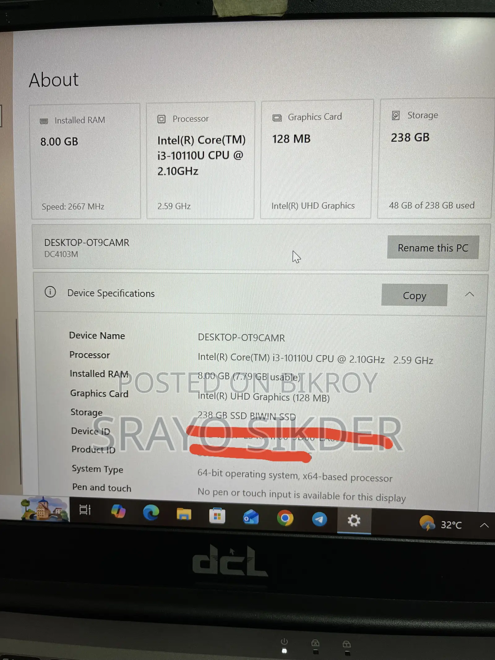 Laptop 8GB Intel Core i3 SSD 256GB