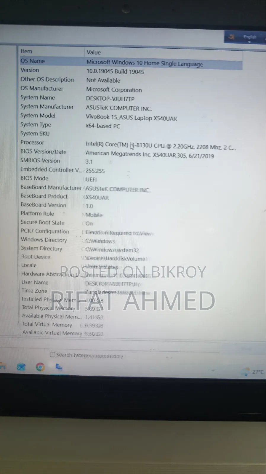Laptop Asus 4GB Intel Core i3 SSD 60GB