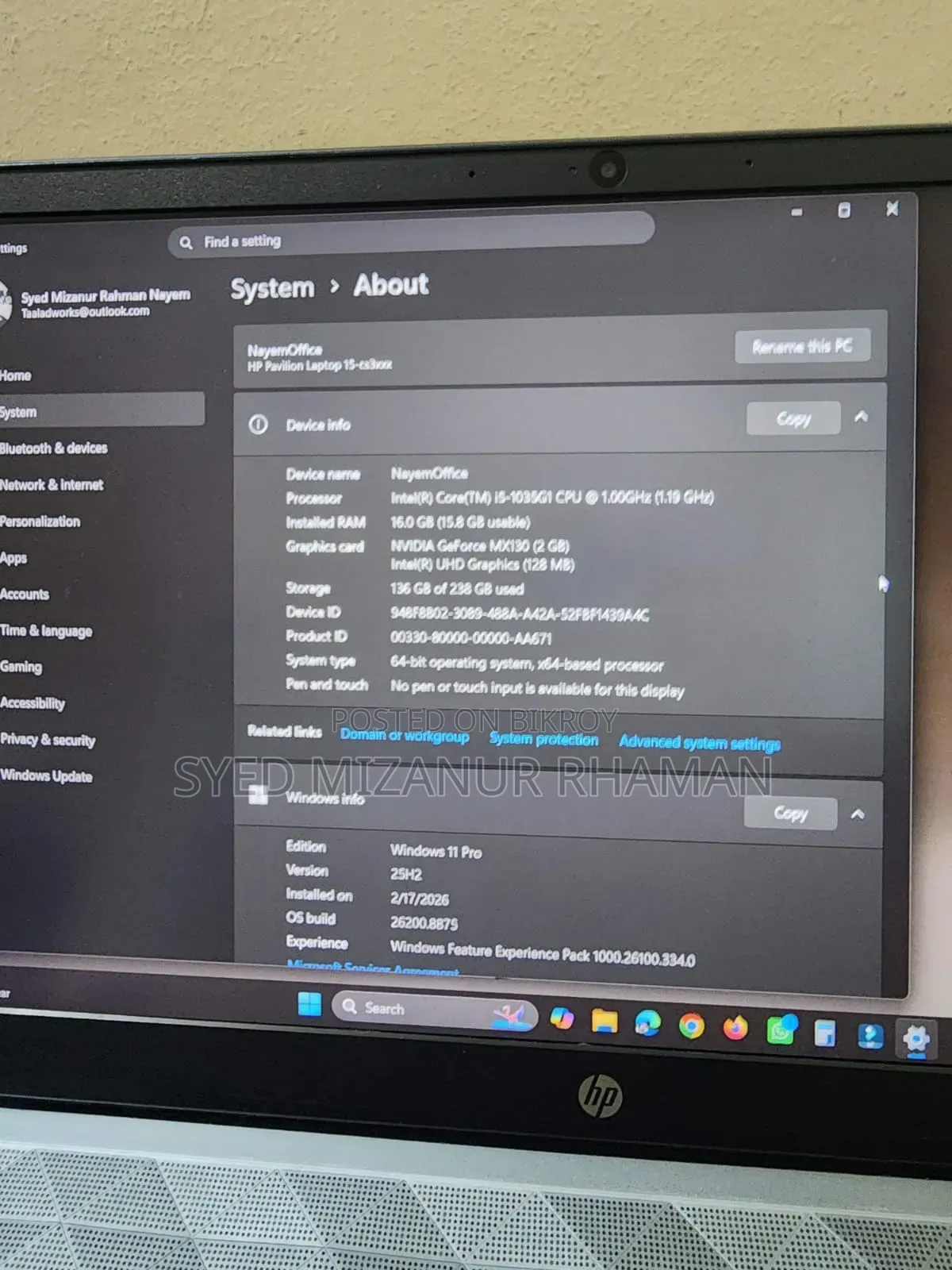 Laptop HP Pavilion 15-cs3063cl 16GB Intel Core i5 SSD 256GB