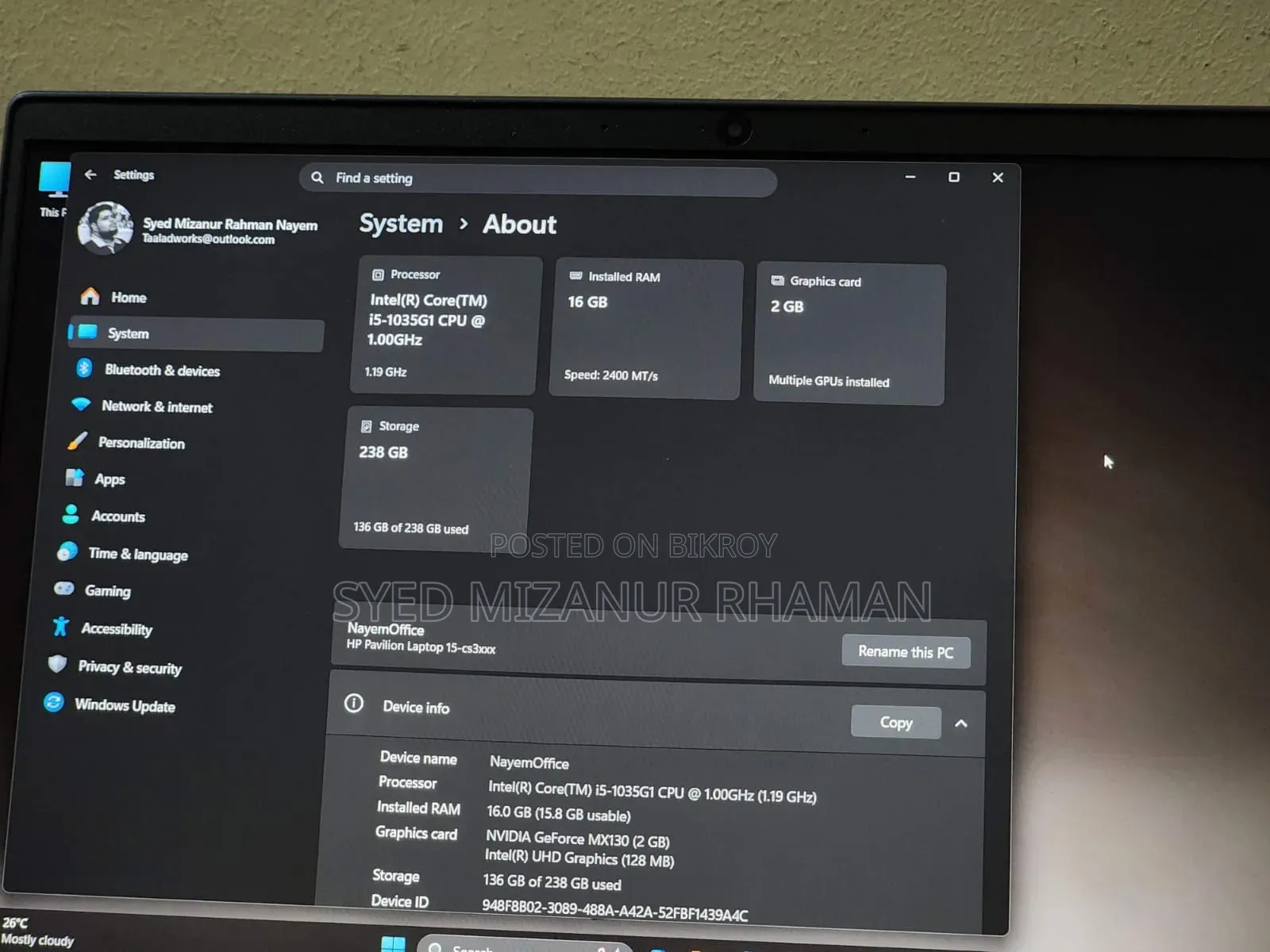 Laptop HP Pavilion 15-cs3063cl 16GB Intel Core i5 SSD 256GB